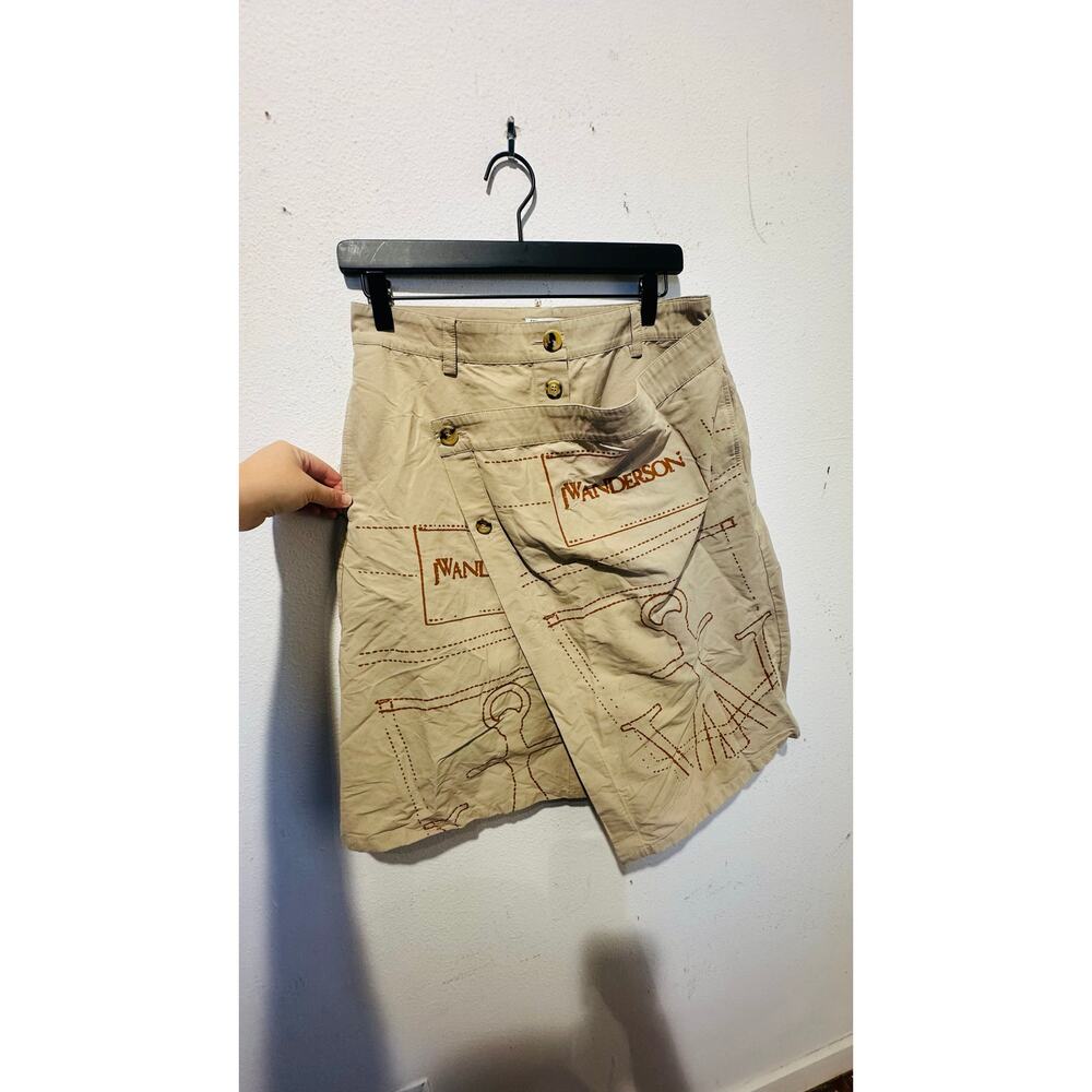 JW ANDERSON Tan Khaki 100% Cotton A-Line Logo Travel Asymmetrical Wrap Skirt 10 - Picture 6 of 14